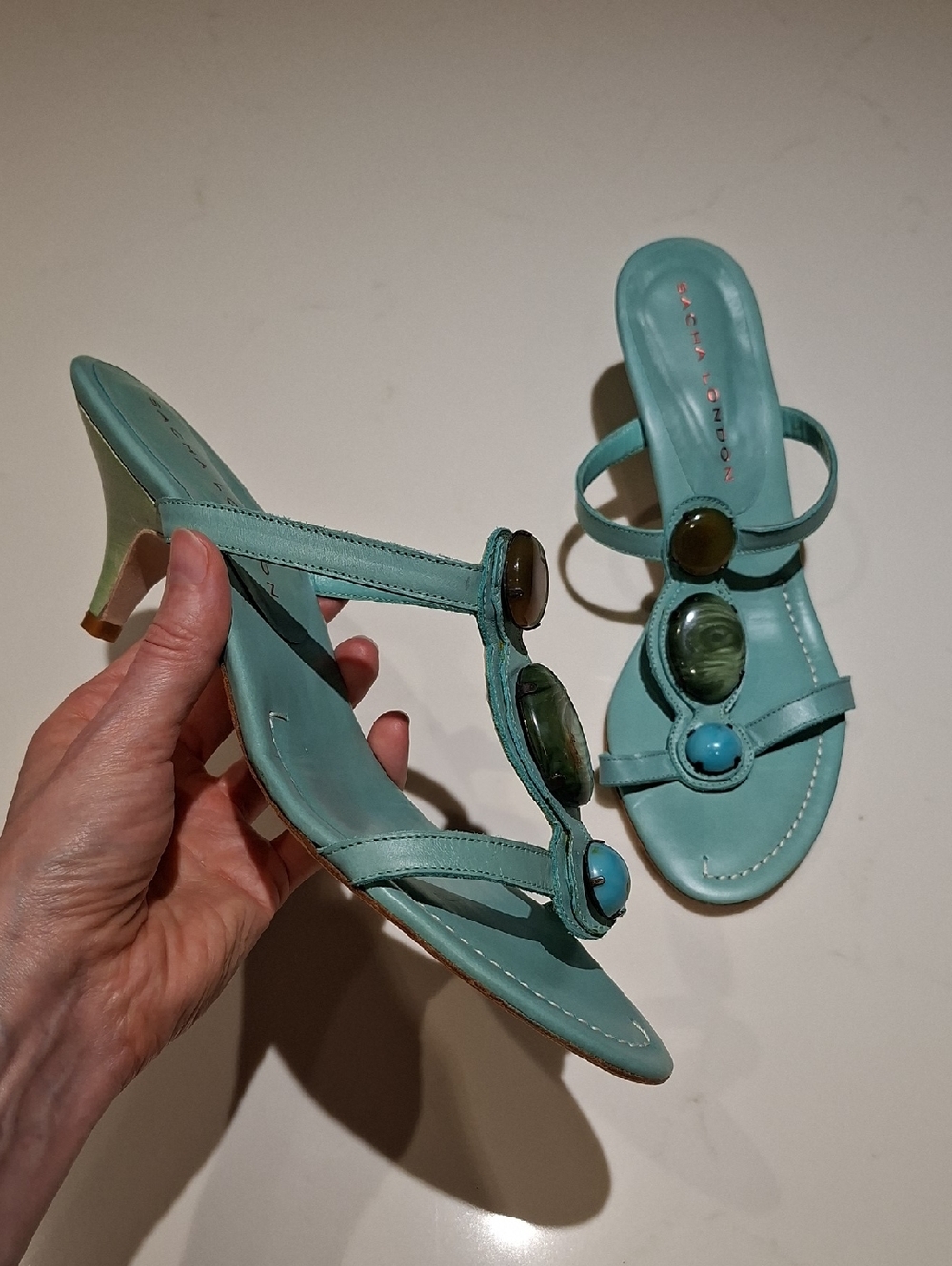 Turquoise Sacha London Leather Kitten Heel Sandals with Stone Accents (Size 10)